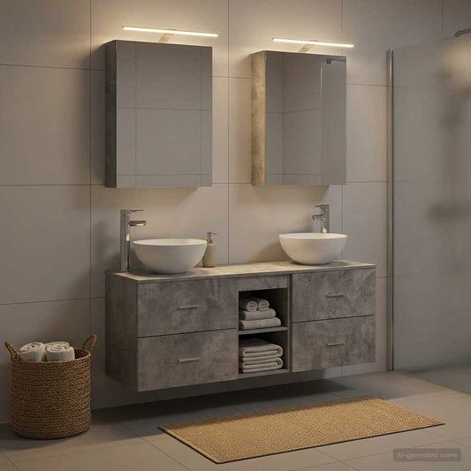 Badezimmermöbel-Set 5 stk. Betongrau Ingenieurholz und Glas