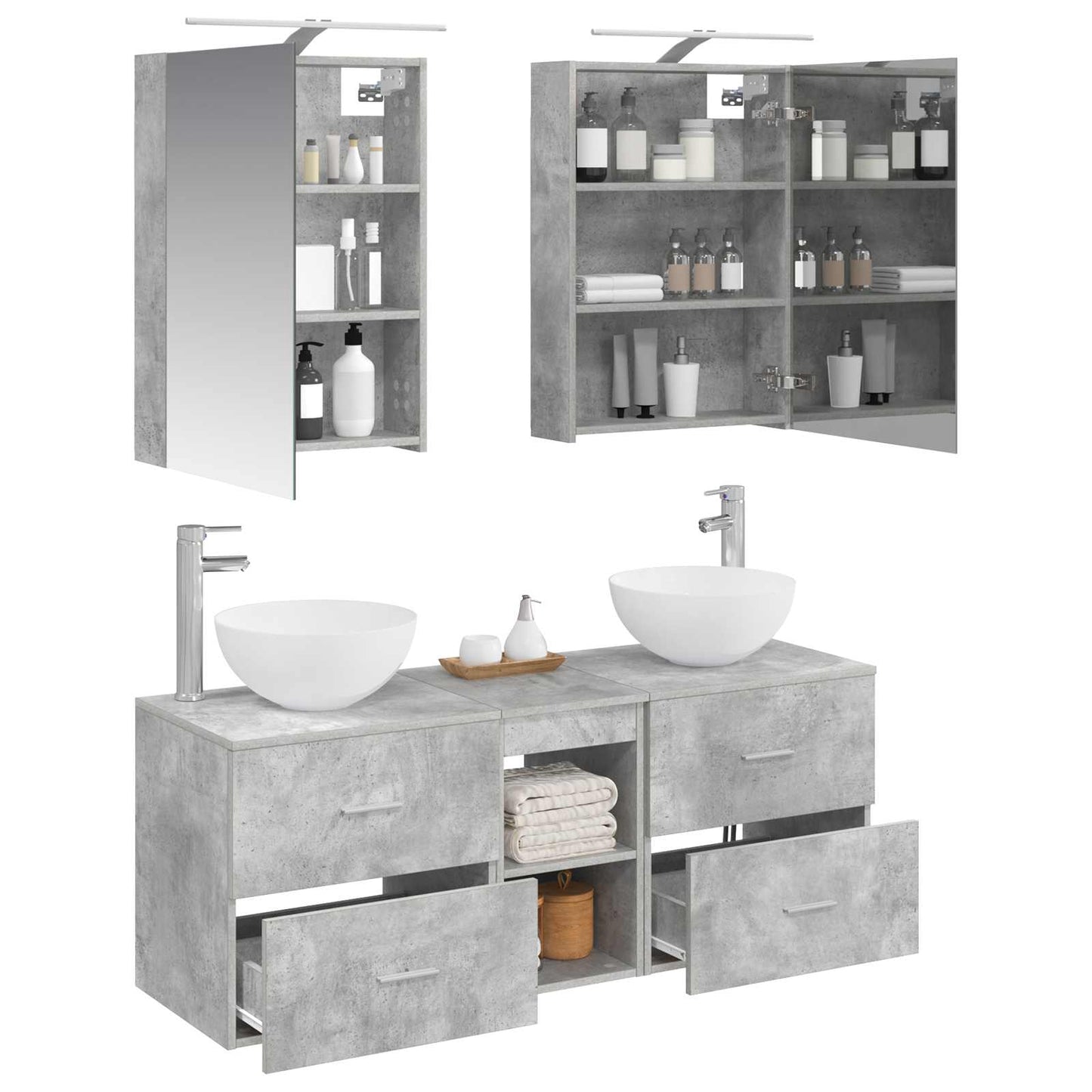 Badezimmermöbel-Set 5 stk. Betongrau Ingenieurholz und Glas