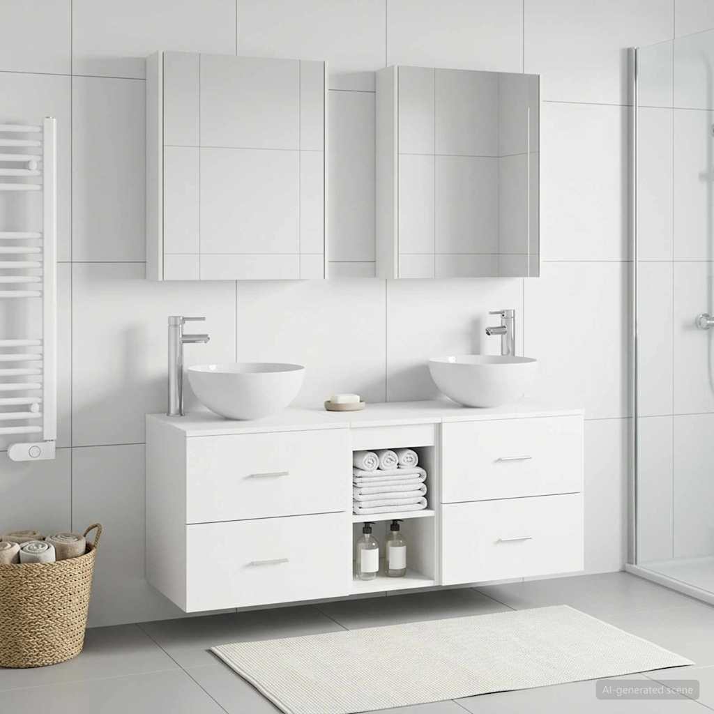 Badezimmermöbel-Set 5 stk. Weiß Ingenieurholz und Glas
