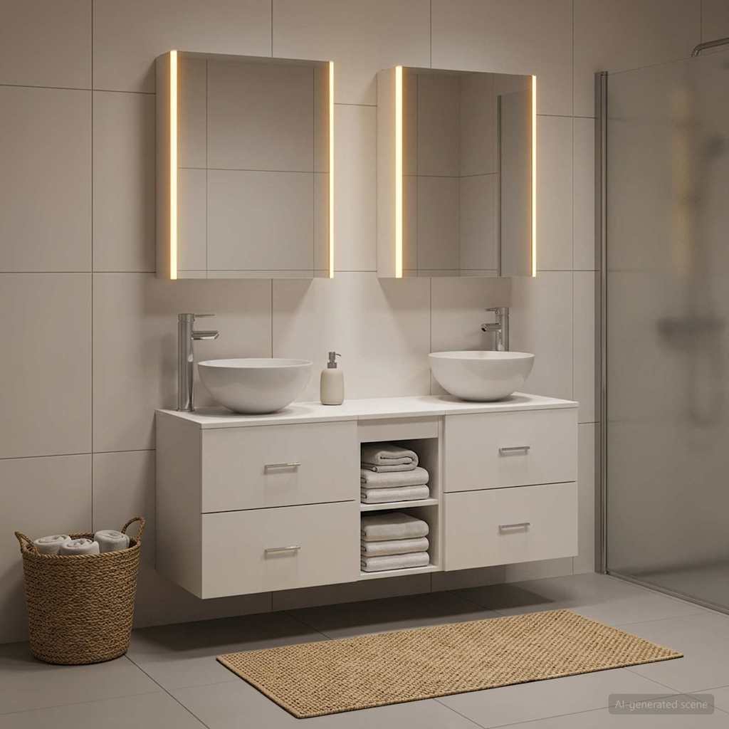 Badezimmermöbel-Set 5 stk. Weiß Ingenieurholz und Glas