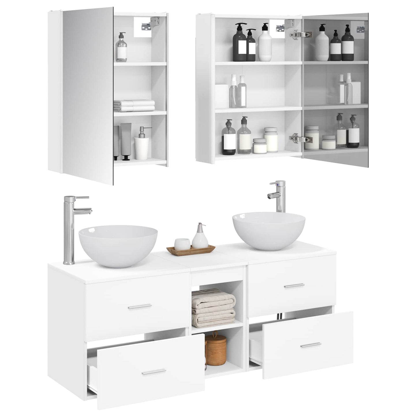 Badezimmermöbel-Set 5 stk. Weiß Ingenieurholz und Glas