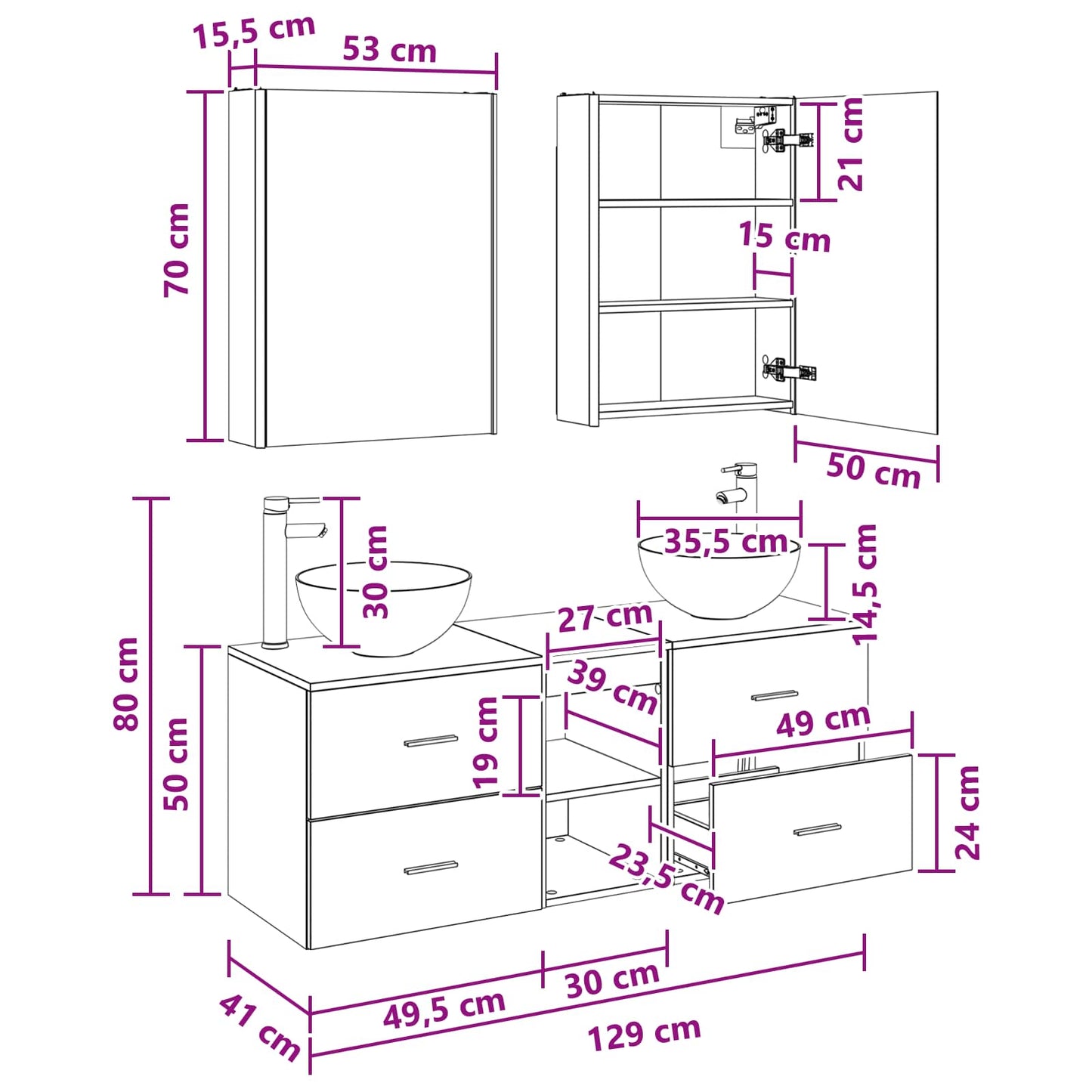 Badezimmermöbel-Set 5 stk. Weiß Ingenieurholz und Glas