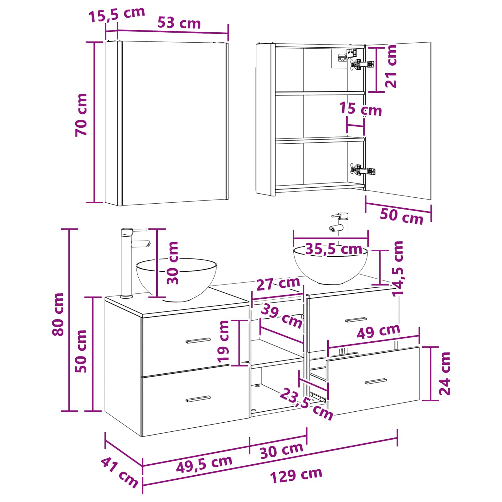 Badezimmermöbel-Set 5 stk. Weiß Ingenieurholz und Glas
