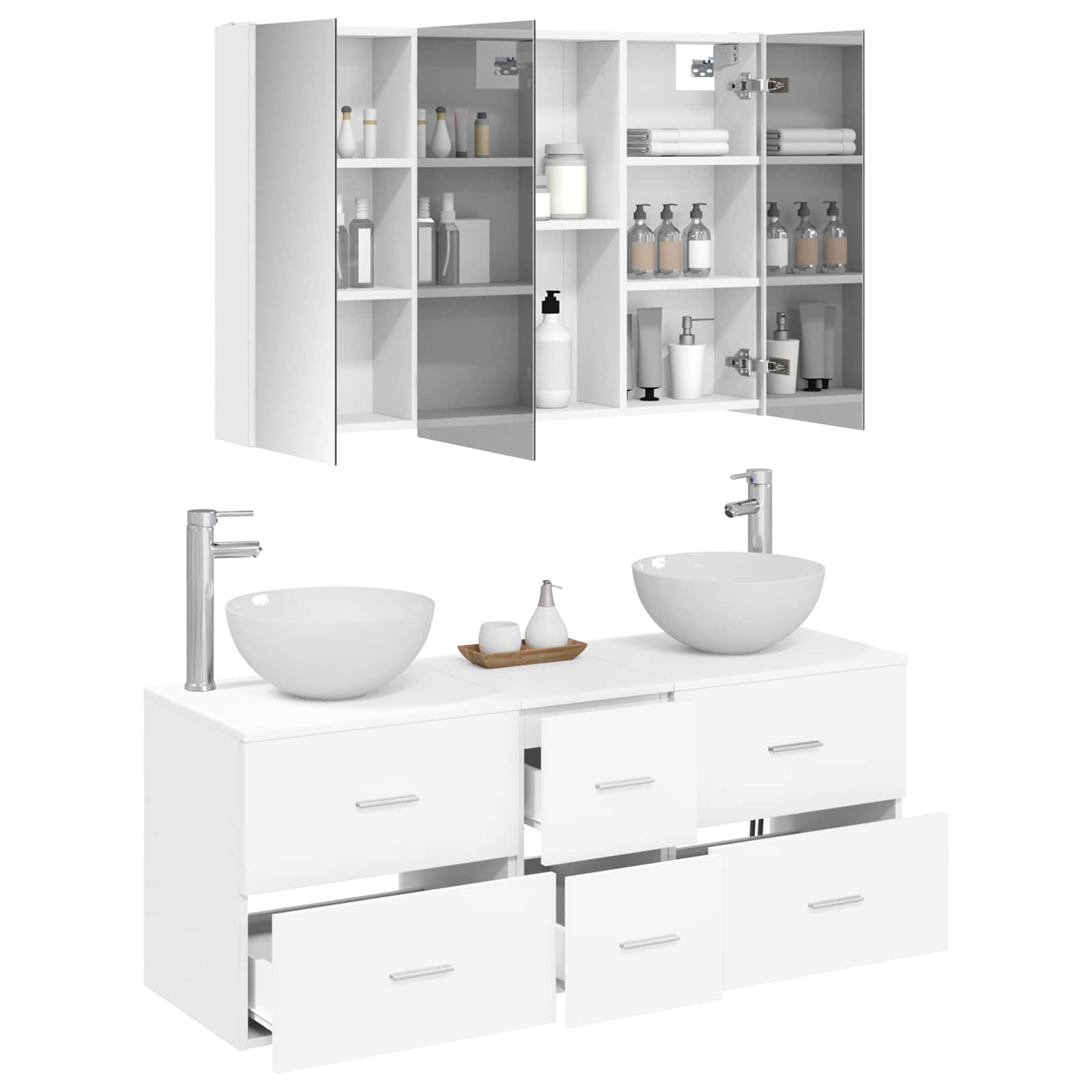 Badezimmermöbel-Set 4 stk. Weiß Ingenieurholz und Glas