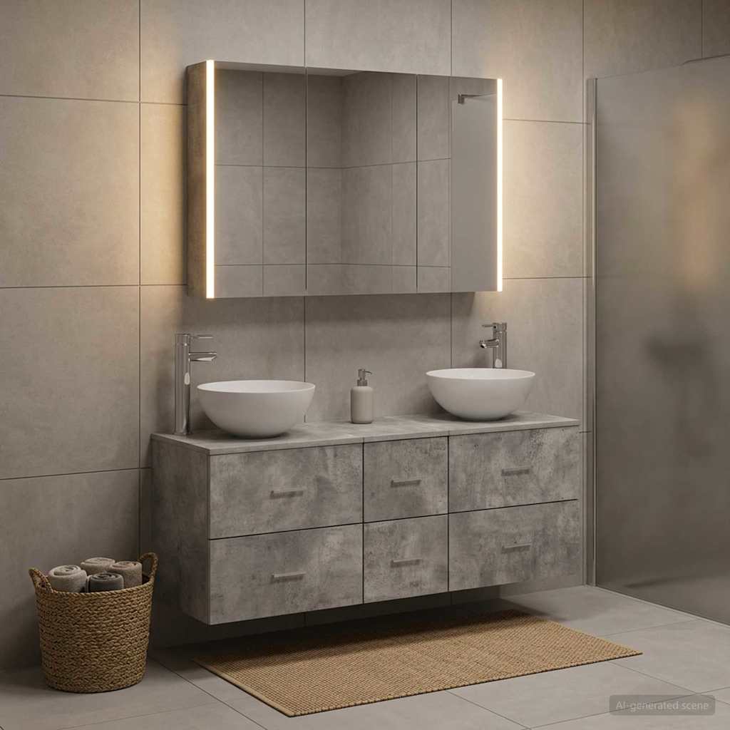 Badezimmermöbel-Set 4 stk. Betongrau Ingenieurholz und Glas