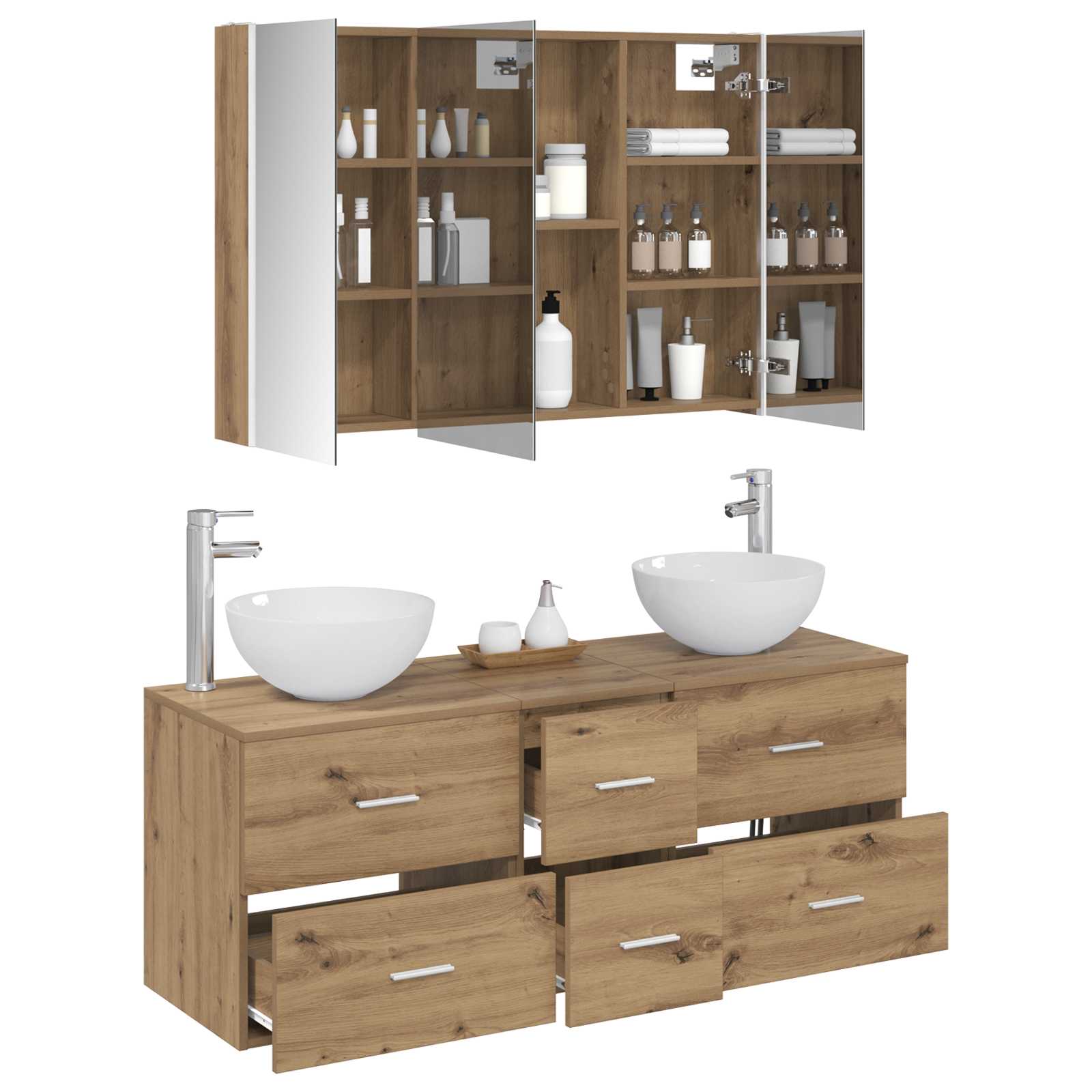 Badezimmermöbel-Set 4 stk. Artisan-Eiche Ingenieurholz und Glas