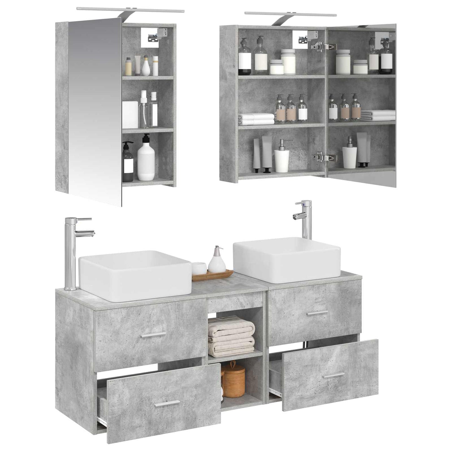 Badezimmermöbel-Set 5 stk. Betongrau Ingenieurholz und Glas