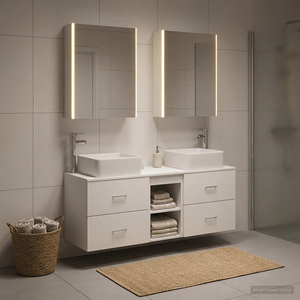 Badezimmermöbel-Set 5 stk. Weiß Ingenieurholz und Glas