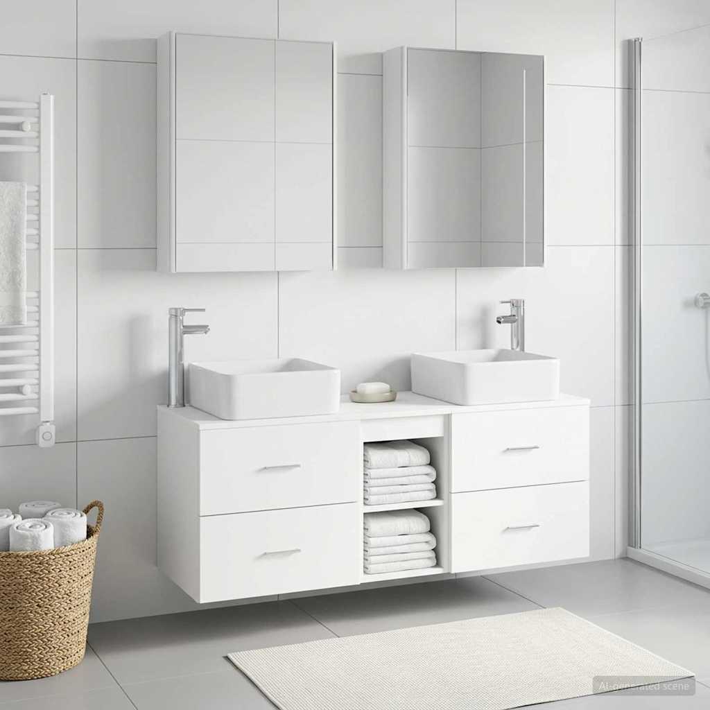 Badezimmermöbel-Set 5 stk. Weiß Ingenieurholz und Glas
