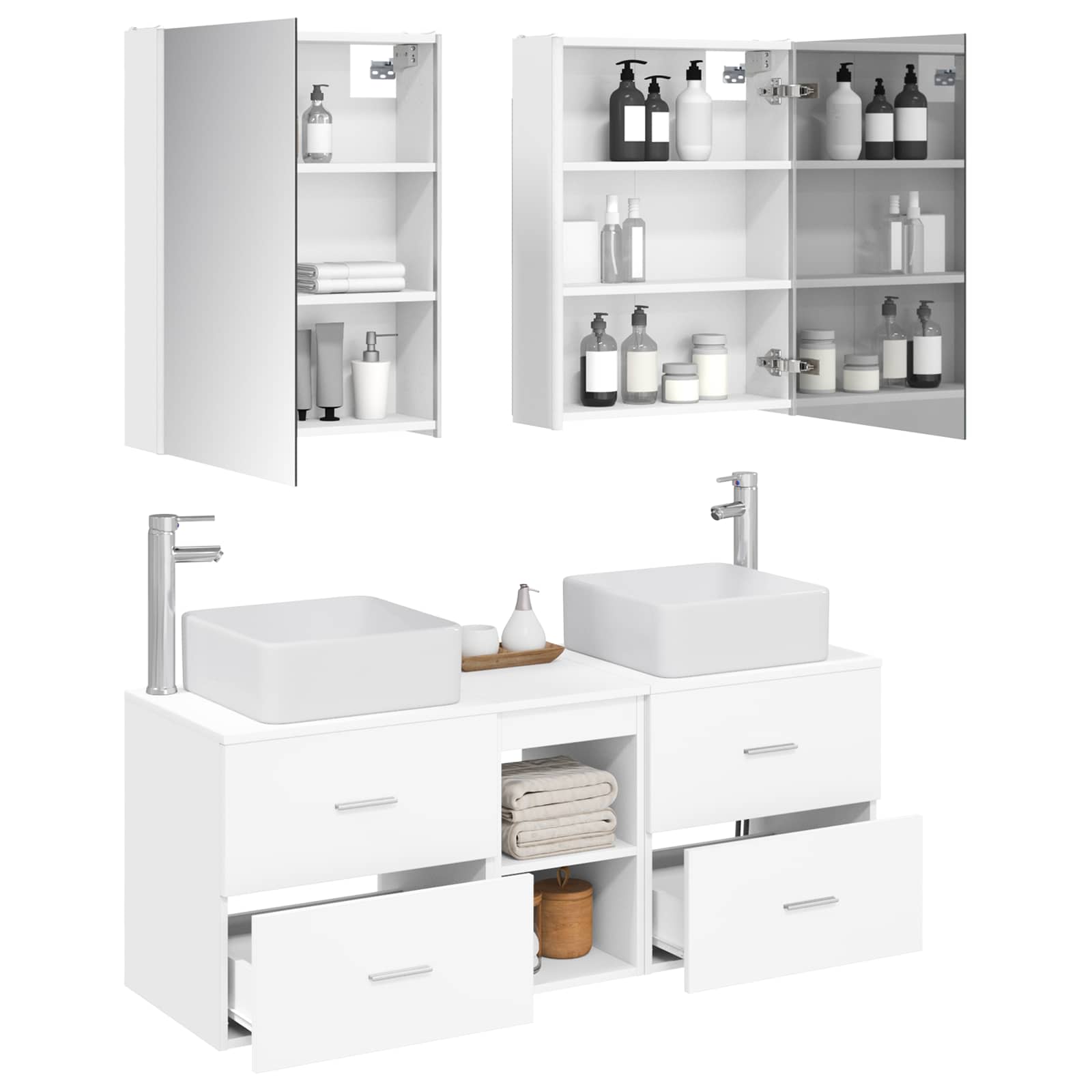 Badezimmermöbel-Set 5 stk. Weiß Ingenieurholz und Glas