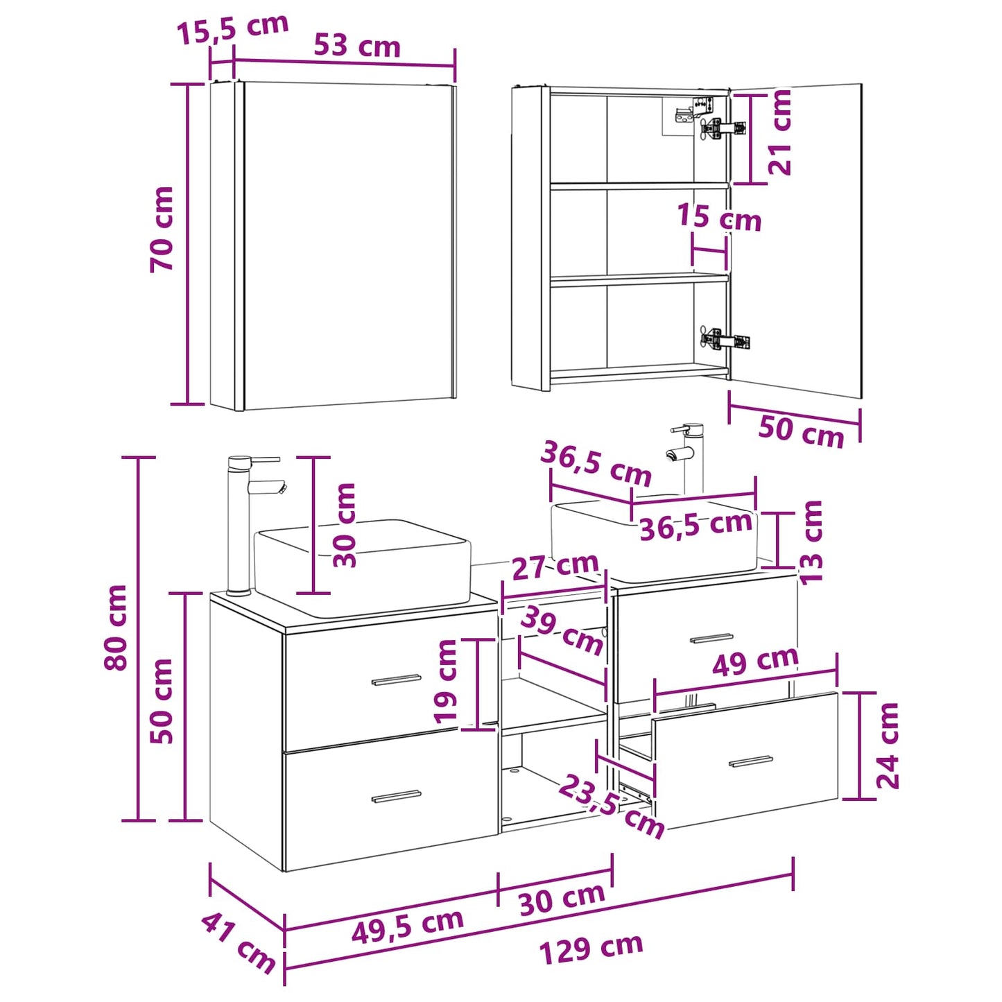 Badezimmermöbel-Set 5 stk. Weiß Ingenieurholz und Glas