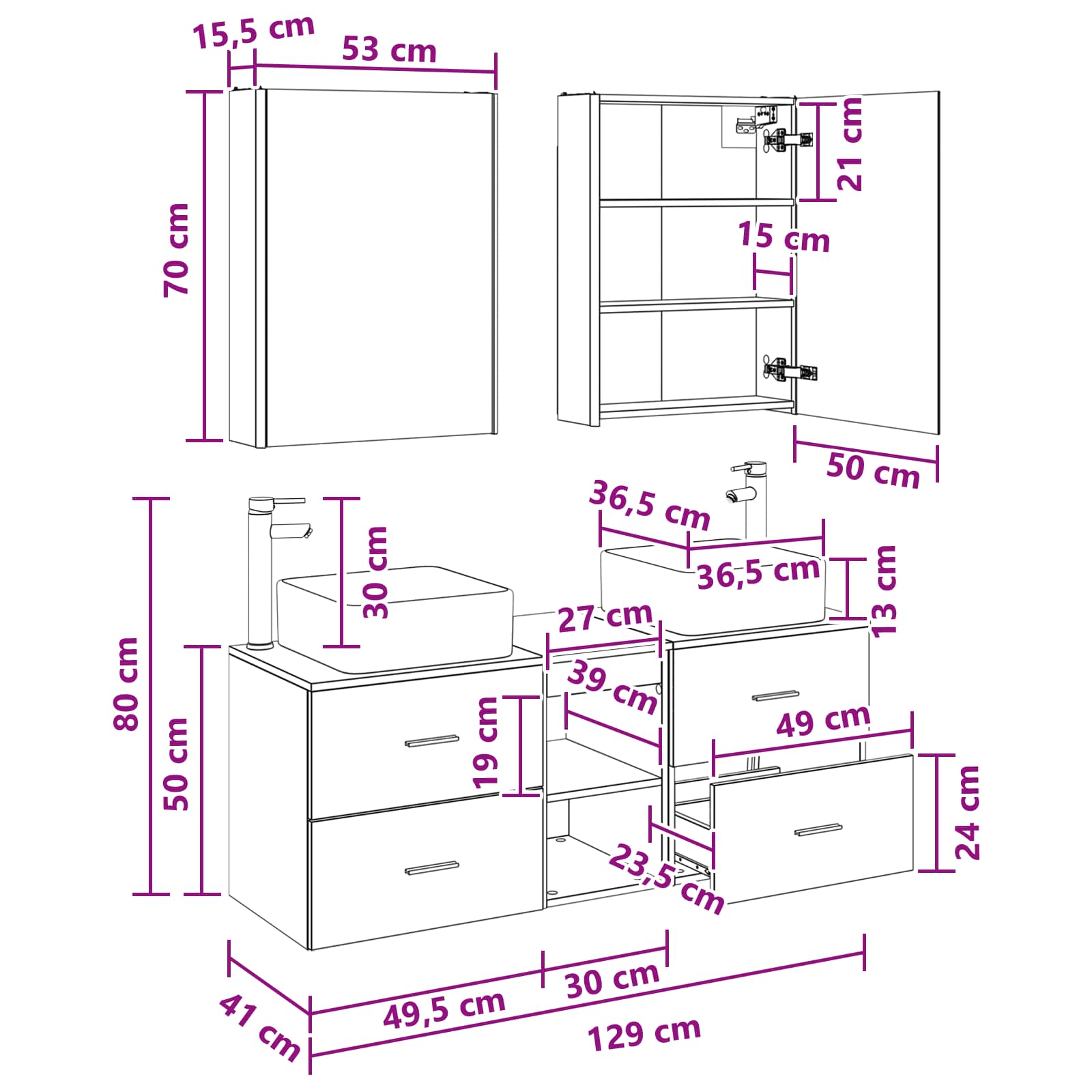 Badezimmermöbel-Set 5 stk. Weiß Ingenieurholz und Glas