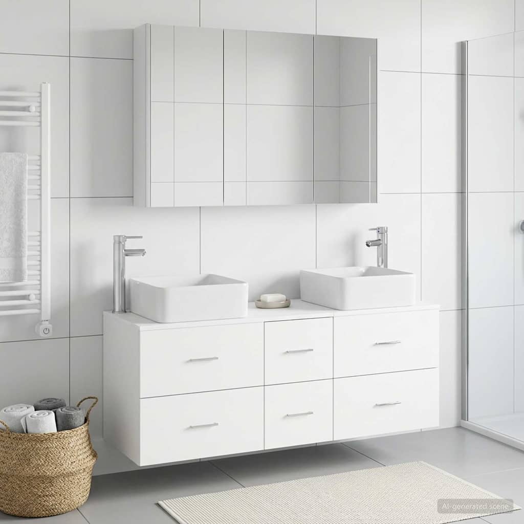 Badezimmermöbel-Set 4 stk. Weiß Ingenieurholz und Glas