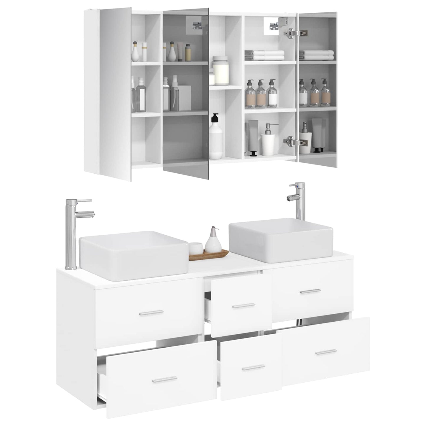 Badezimmermöbel-Set 4 stk. Weiß Ingenieurholz und Glas
