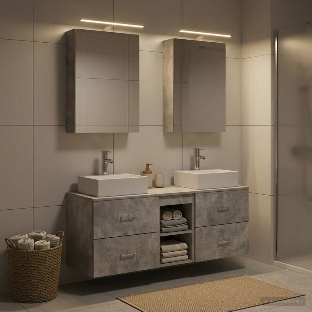 Badezimmermöbel-Set 5 stk. Betongrau Ingenieurholz und Glas