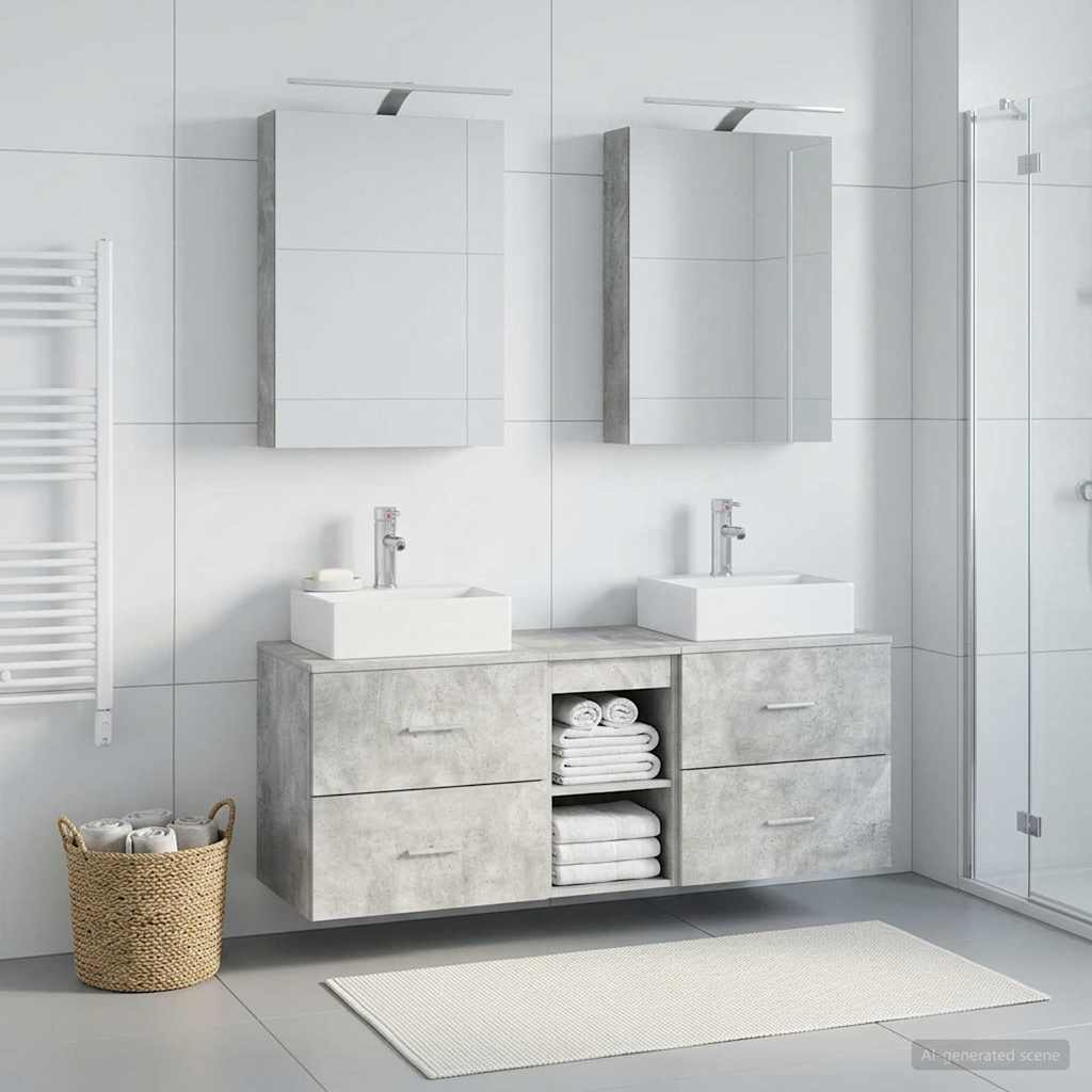 Badezimmermöbel-Set 5 stk. Betongrau Ingenieurholz und Glas