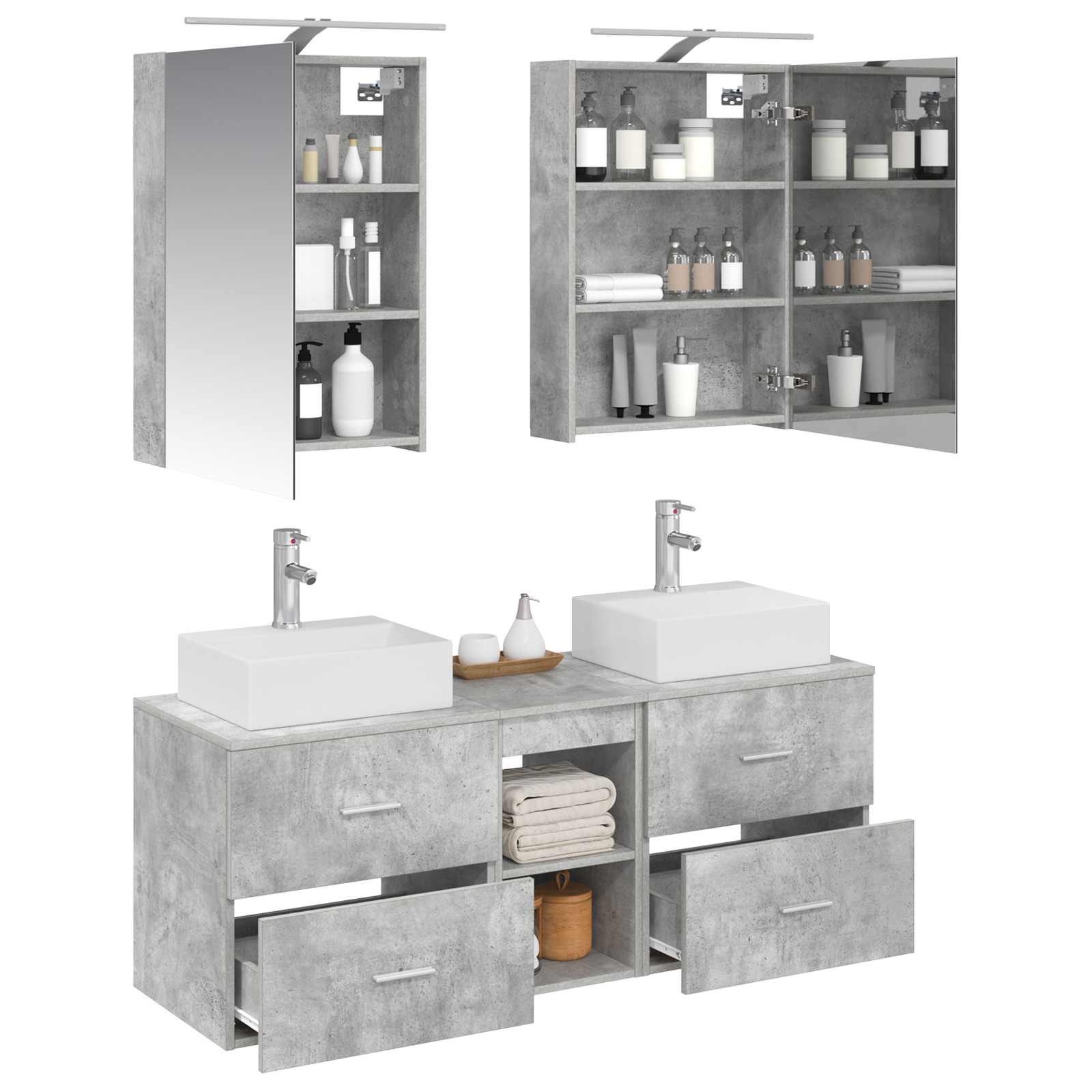 Badezimmermöbel-Set 5 stk. Betongrau Ingenieurholz und Glas