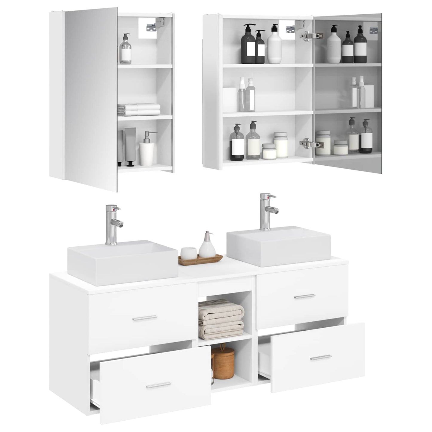 Badezimmermöbel-Set 5 stk. Weiß Ingenieurholz und Glas
