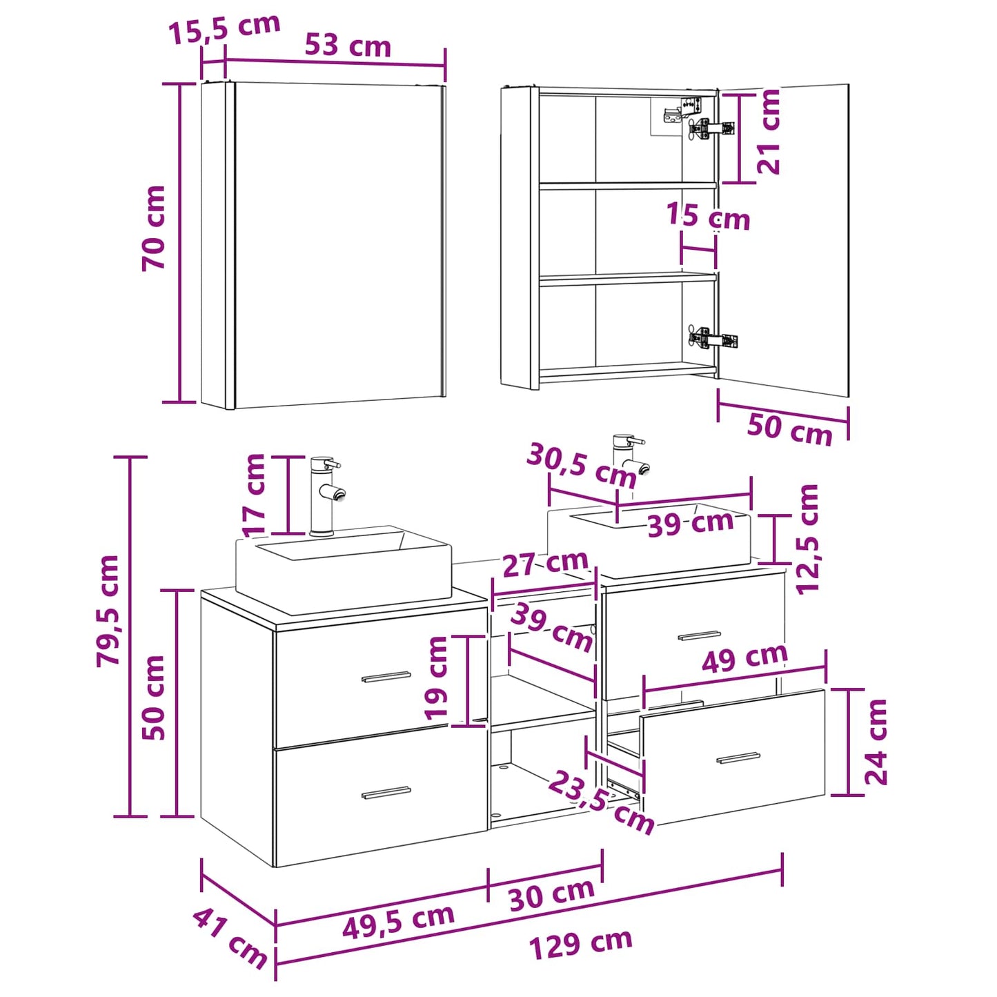 Badezimmermöbel-Set 5 stk. Weiß Ingenieurholz und Glas