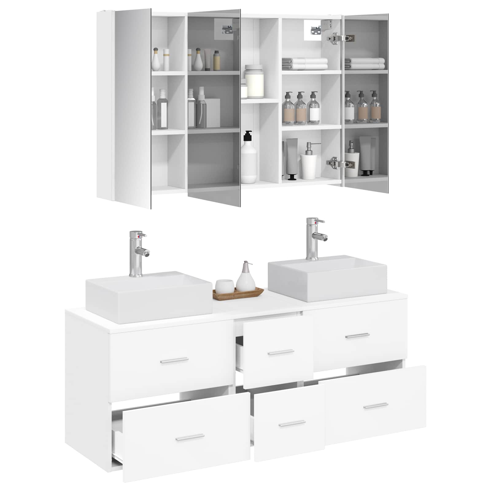 Badezimmermöbel-Set 4 stk. Weiß Ingenieurholz und Glas