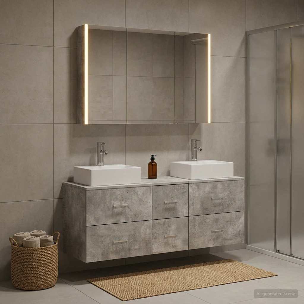 Badezimmermöbel-Set 4 stk. Betongrau Ingenieurholz und Glas