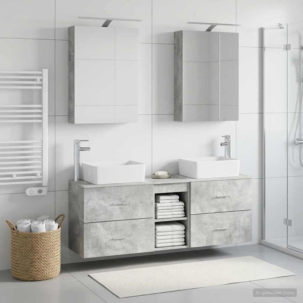 Badezimmermöbel-Set 5 stk. Betongrau Ingenieurholz und Glas