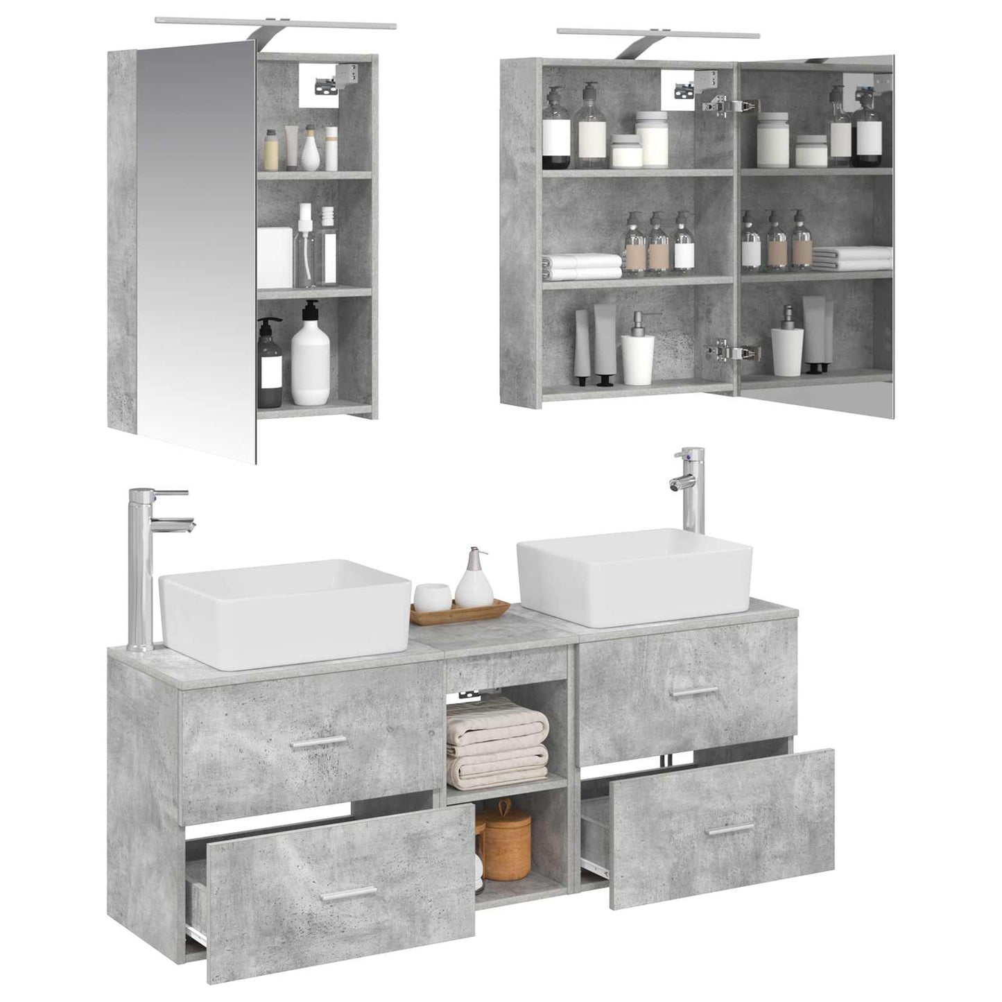 Badezimmermöbel-Set 5 stk. Betongrau Ingenieurholz und Glas