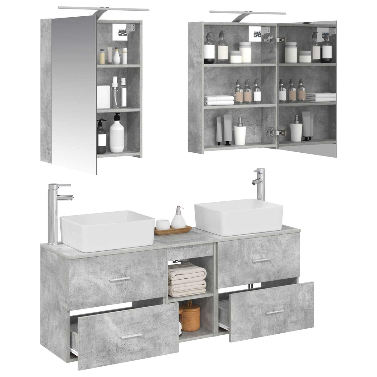 Badezimmermöbel-Set 5 stk. Betongrau Ingenieurholz und Glas