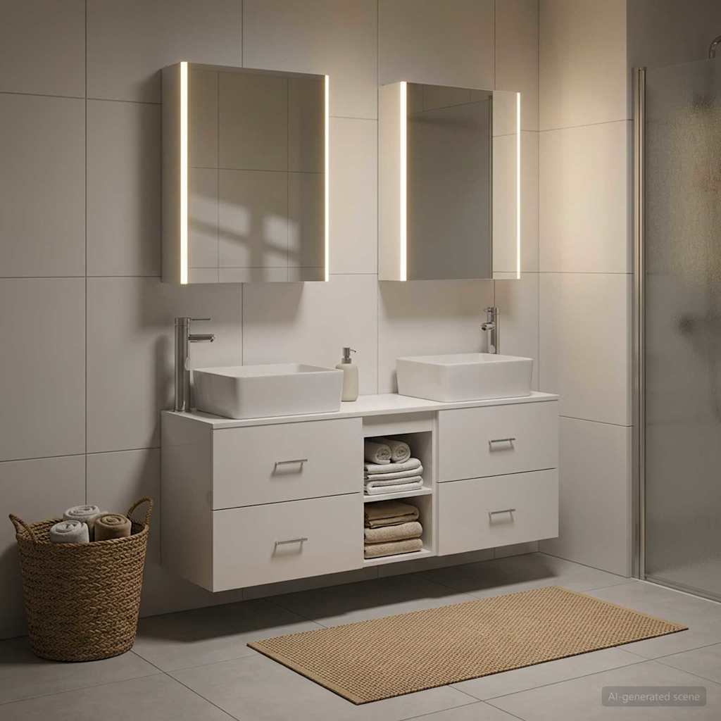 Badezimmermöbel-Set 5 stk. Weiß Ingenieurholz und Glas