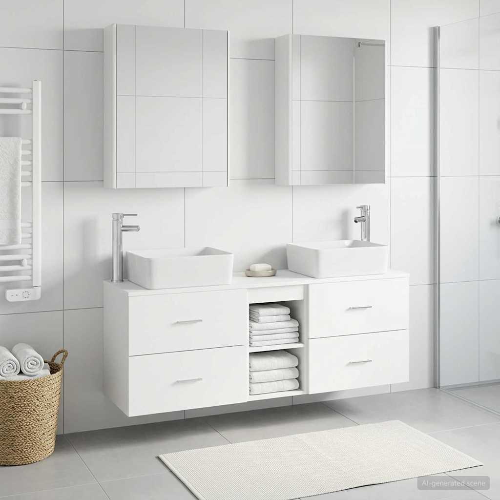 Badezimmermöbel-Set 5 stk. Weiß Ingenieurholz und Glas