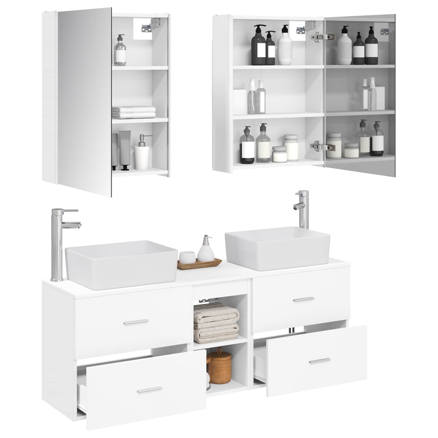 Badezimmermöbel-Set 5 stk. Weiß Ingenieurholz und Glas