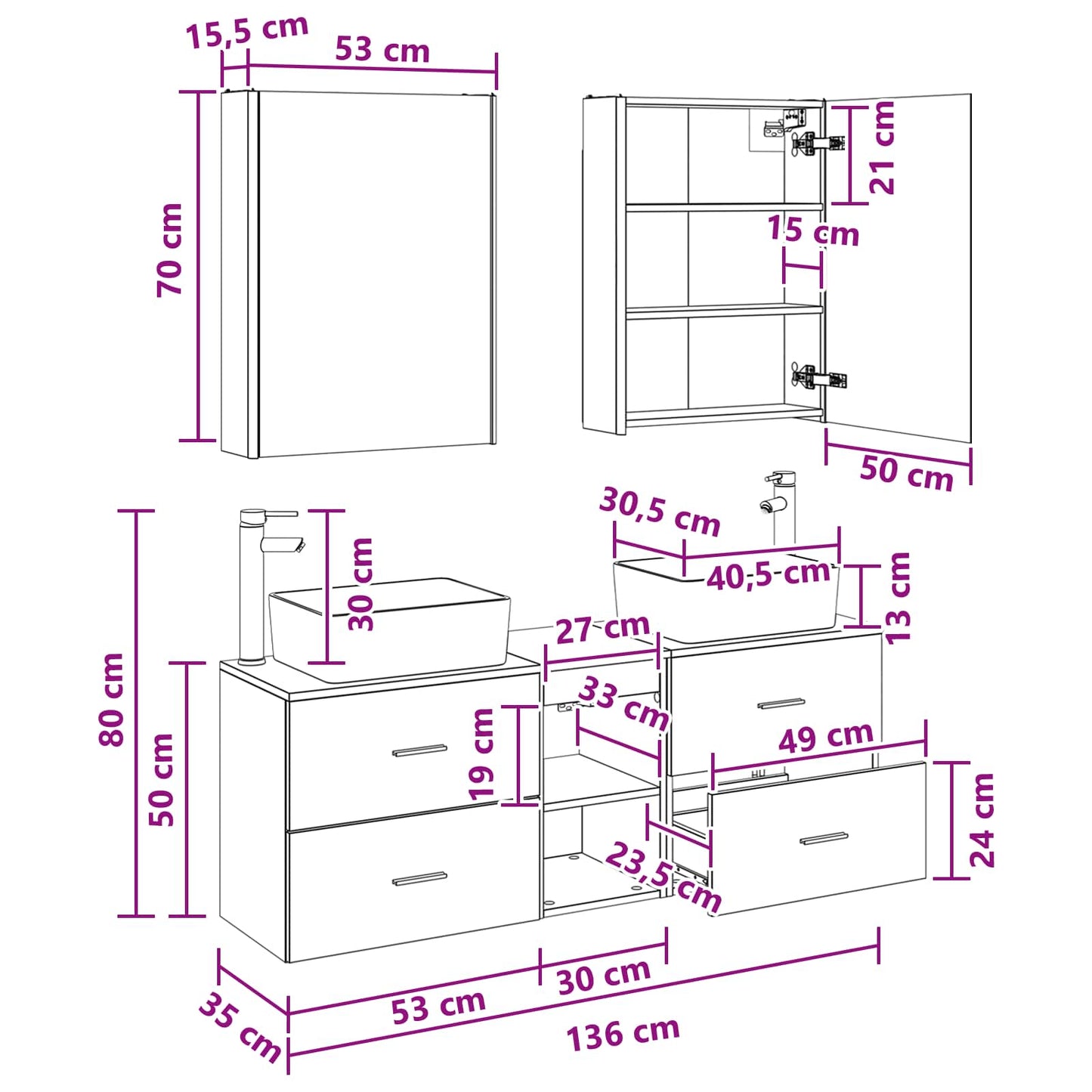 Badezimmermöbel-Set 5 stk. Weiß Ingenieurholz und Glas