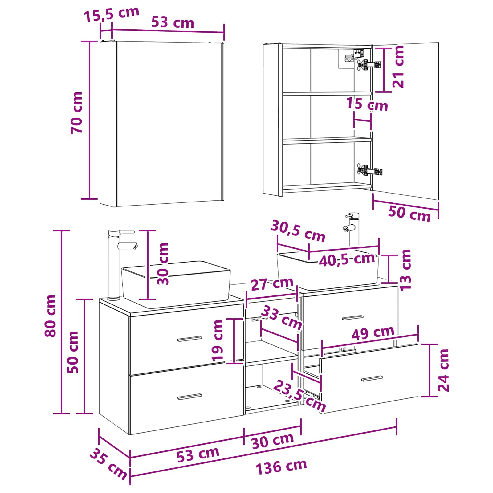 Badezimmermöbel-Set 5 stk. Weiß Ingenieurholz und Glas