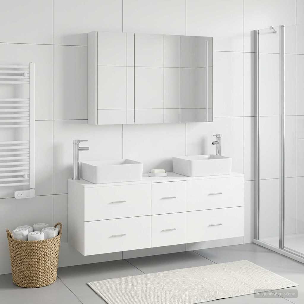 Badezimmermöbel-Set 4 stk. Weiß Ingenieurholz und Glas