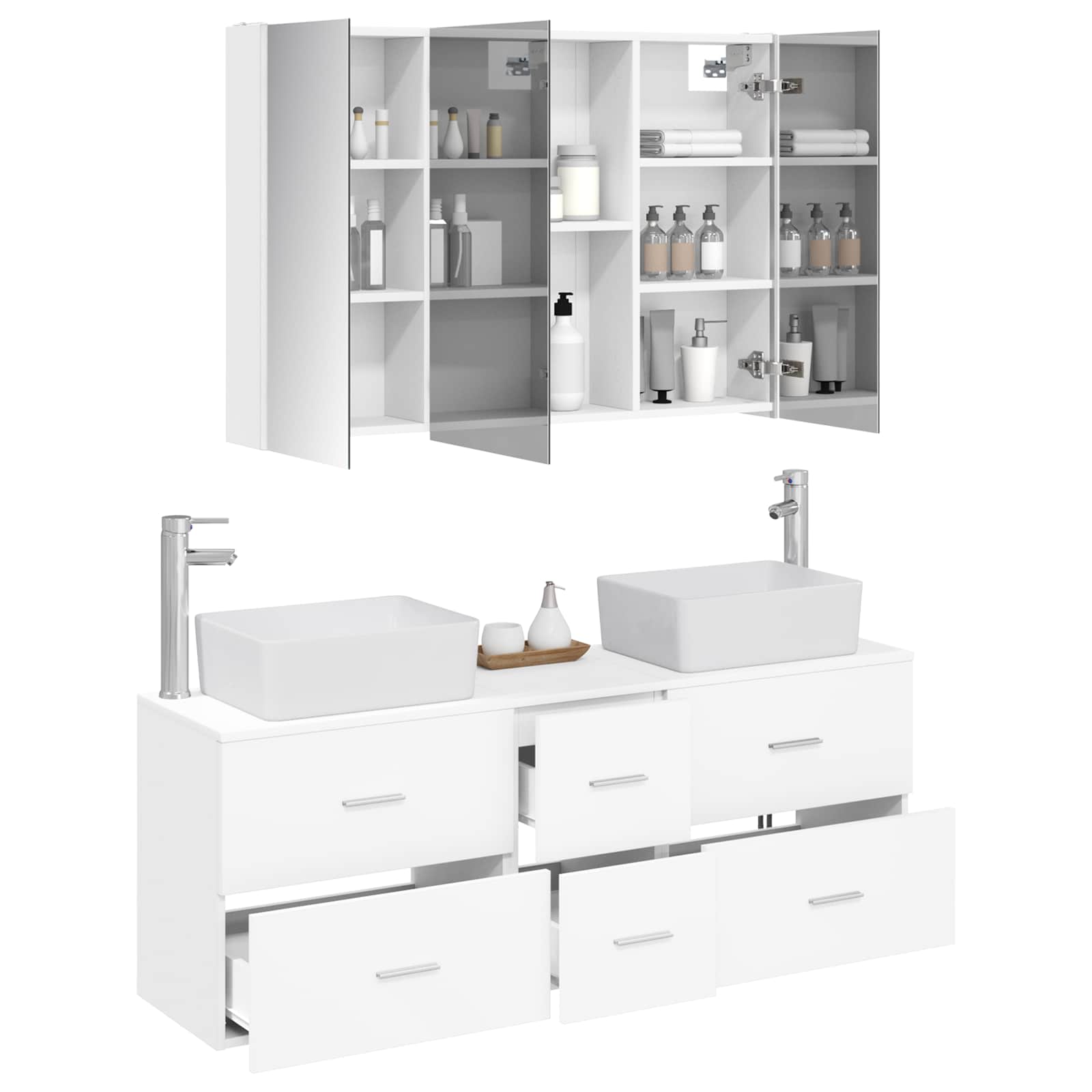 Badezimmermöbel-Set 4 stk. Weiß Ingenieurholz und Glas