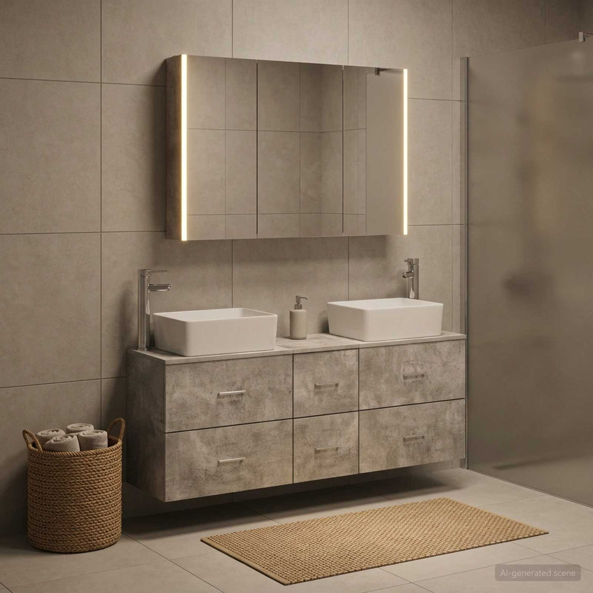 Badezimmermöbel-Set 4 stk. Betongrau Ingenieurholz und Glas
