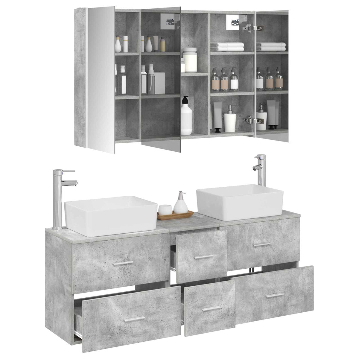 Badezimmermöbel-Set 4 stk. Betongrau Ingenieurholz und Glas