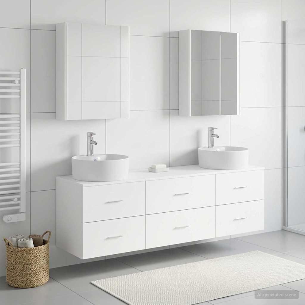 Badezimmermöbel-Set 5 stk. Weiß Ingenieurholz und Glas