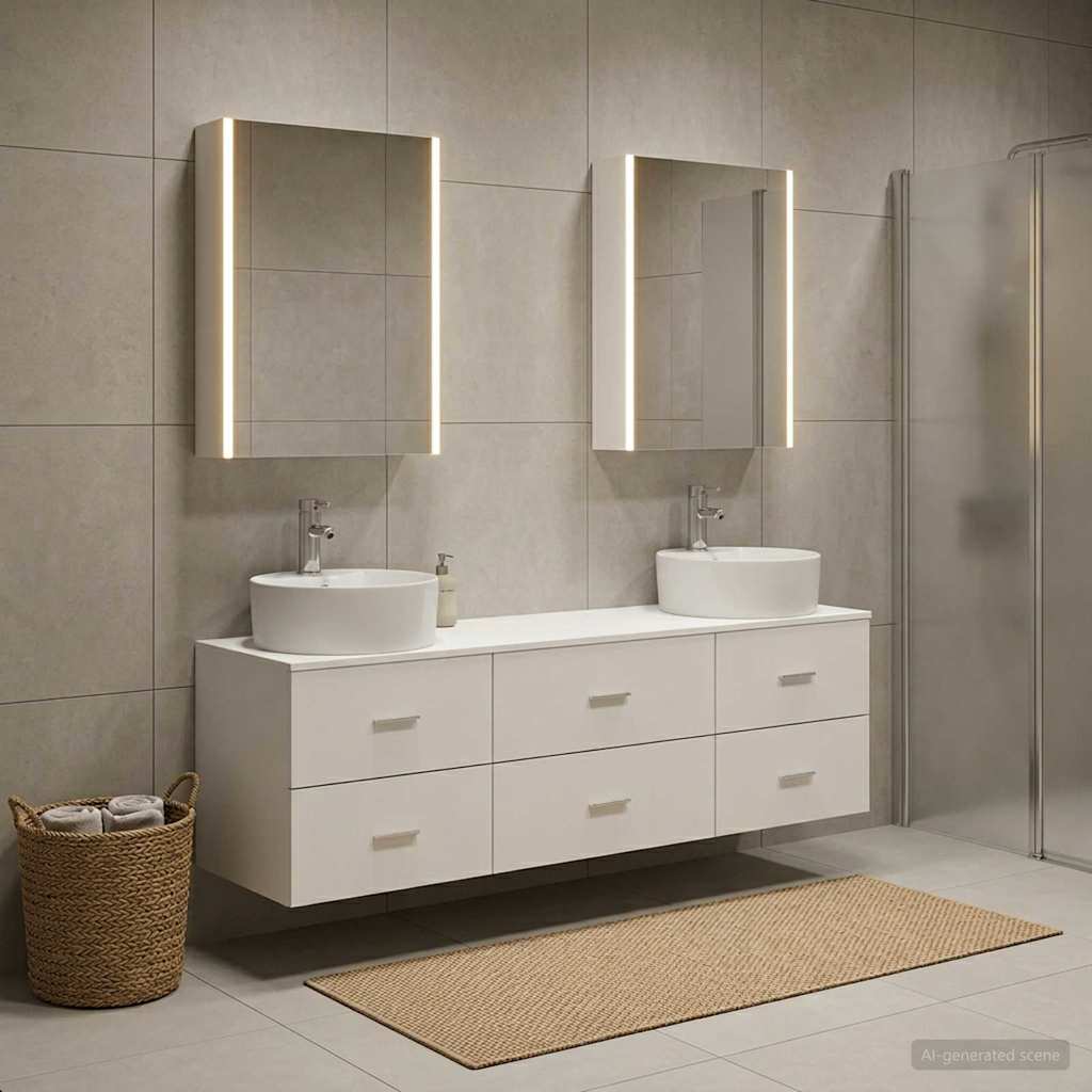 Badezimmermöbel-Set 5 stk. Weiß Ingenieurholz und Glas