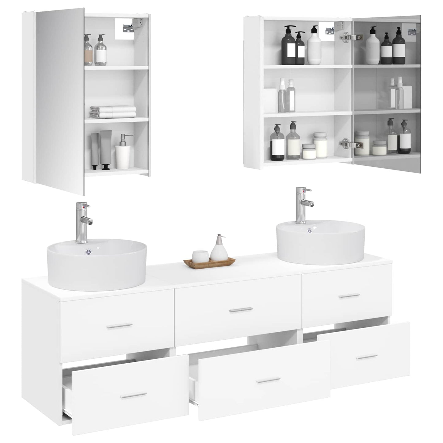 Badezimmermöbel-Set 5 stk. Weiß Ingenieurholz und Glas