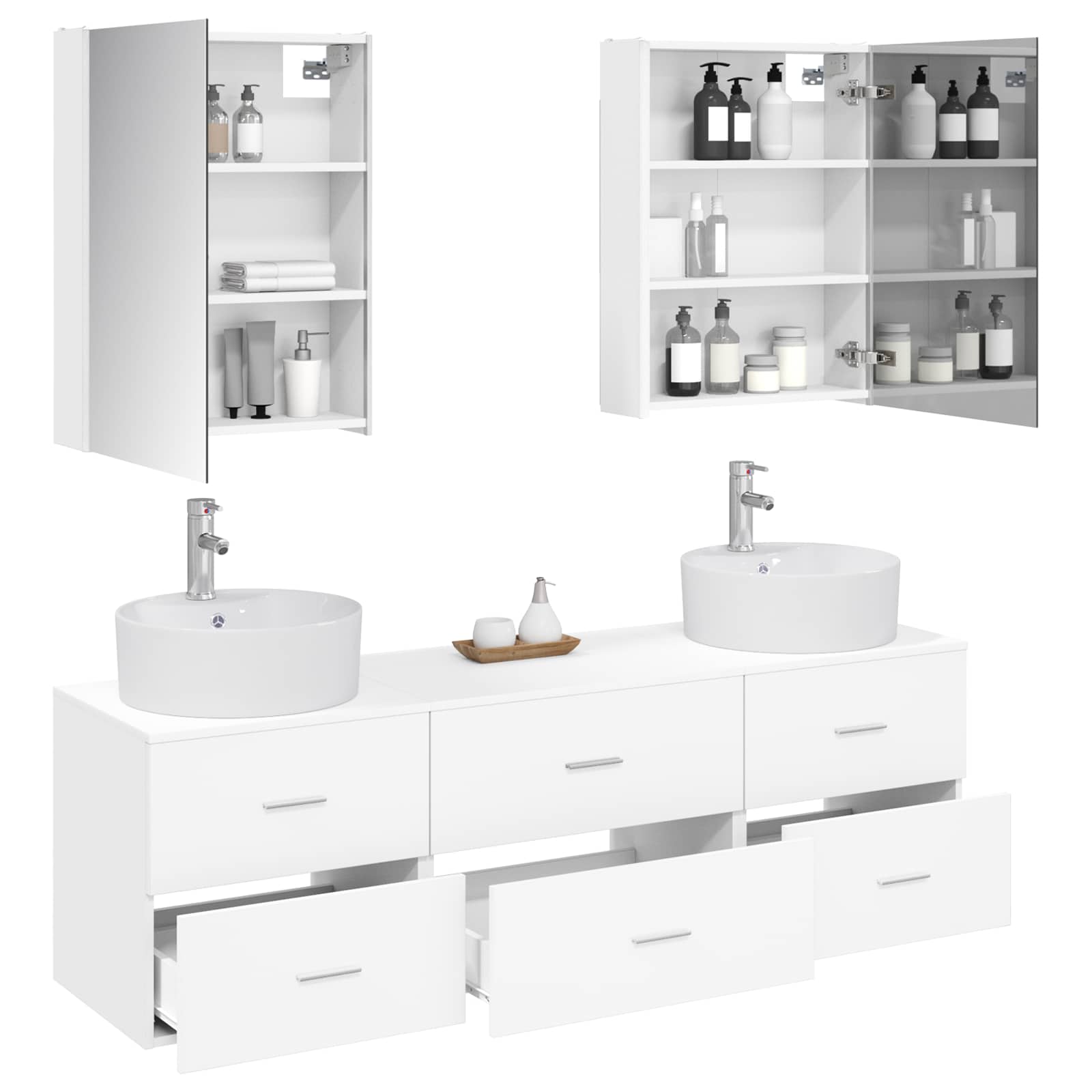 Badezimmermöbel-Set 5 stk. Weiß Ingenieurholz und Glas