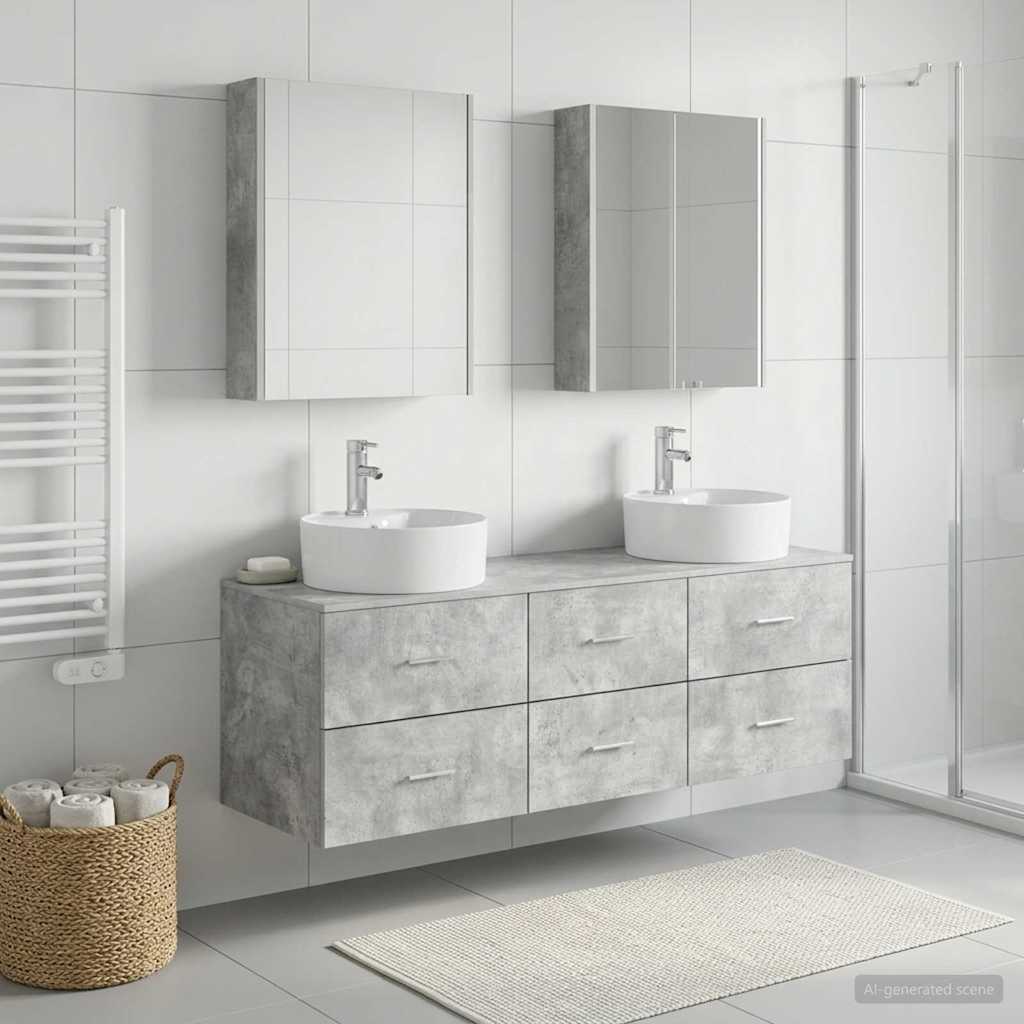 Badezimmermöbel-Set 5 stk. Betongrau Ingenieurholz und Glas