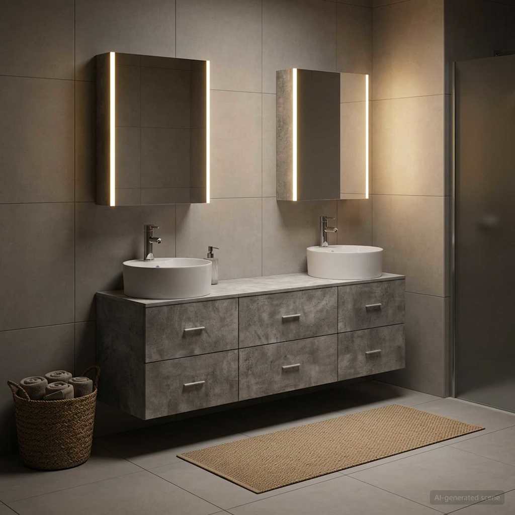 Badezimmermöbel-Set 5 stk. Betongrau Ingenieurholz und Glas
