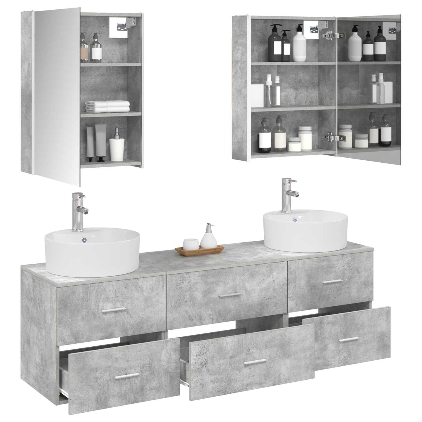 Badezimmermöbel-Set 5 stk. Betongrau Ingenieurholz und Glas
