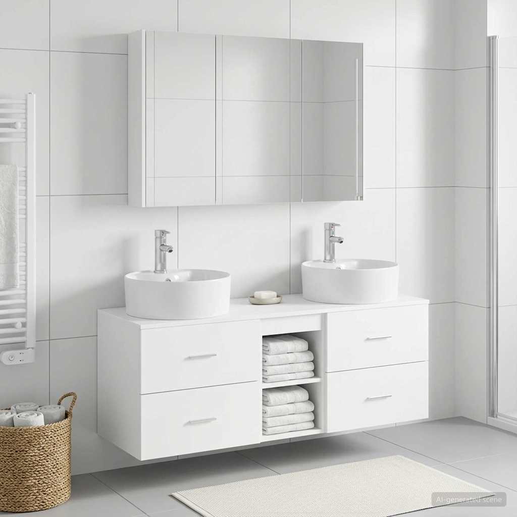 Badezimmermöbel-Set 4 stk. Weiß Ingenieurholz und Glas