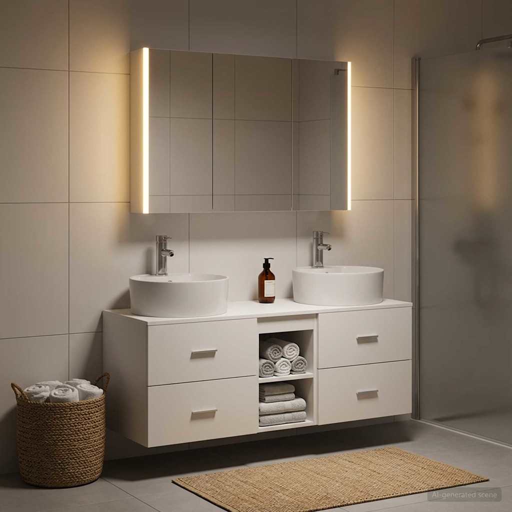 Badezimmermöbel-Set 4 stk. Weiß Ingenieurholz und Glas