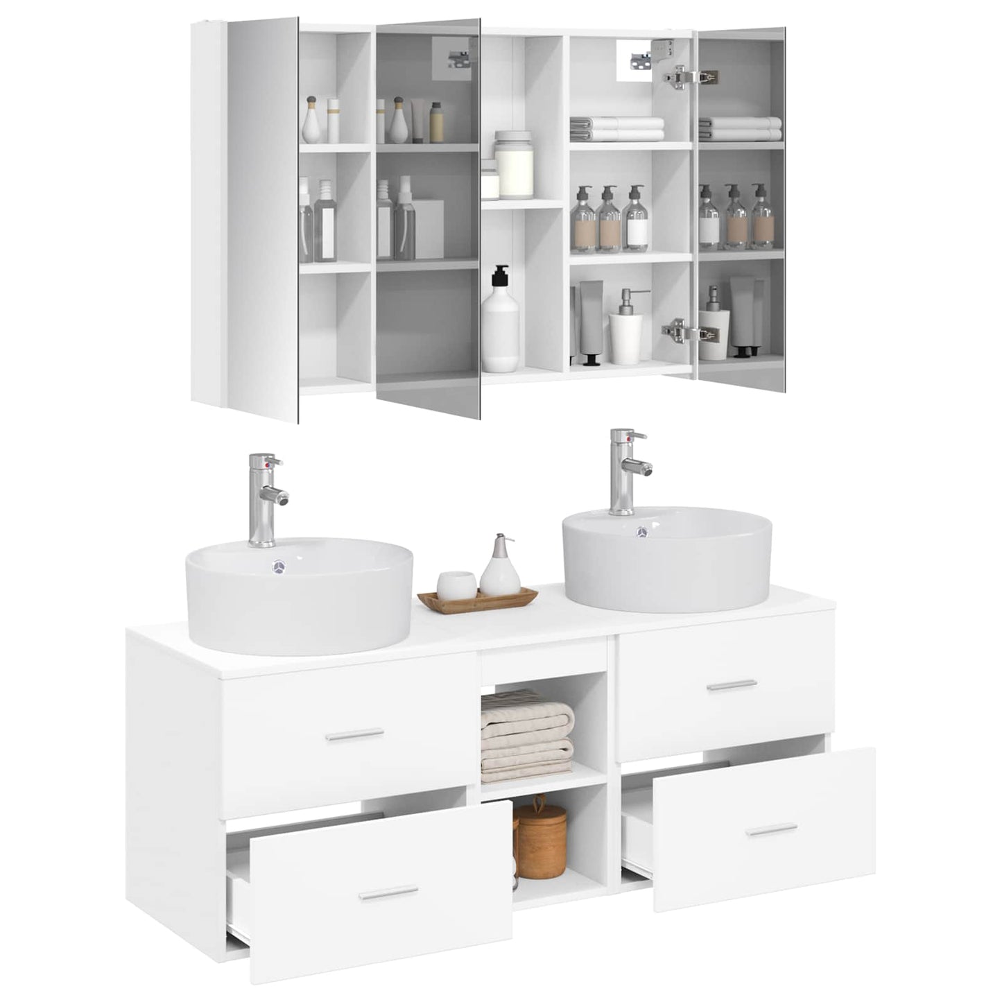 Badezimmermöbel-Set 4 stk. Weiß Ingenieurholz und Glas