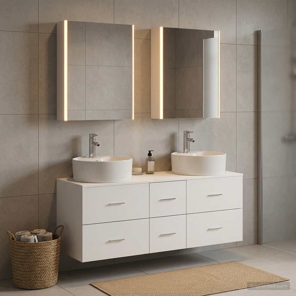 Badezimmermöbel-Set 5 stk. Weiß Ingenieurholz und Glas