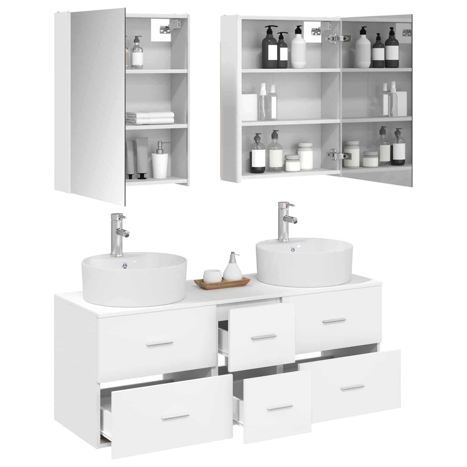 Badezimmermöbel-Set 5 stk. Weiß Ingenieurholz und Glas