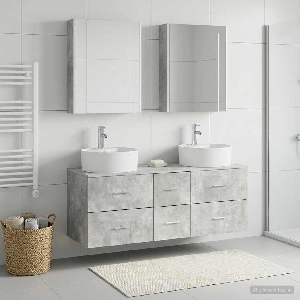 Badezimmermöbel-Set 5 stk. Betongrau Ingenieurholz und Glas